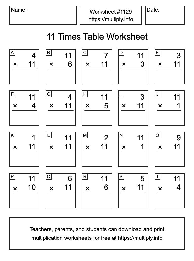 11 Times Table Worksheet #1129
