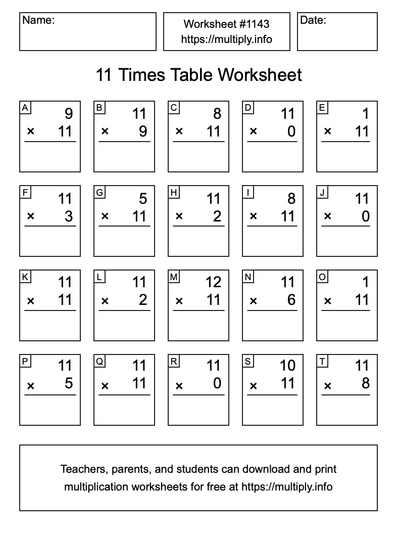 11 Times Table Worksheet #1143