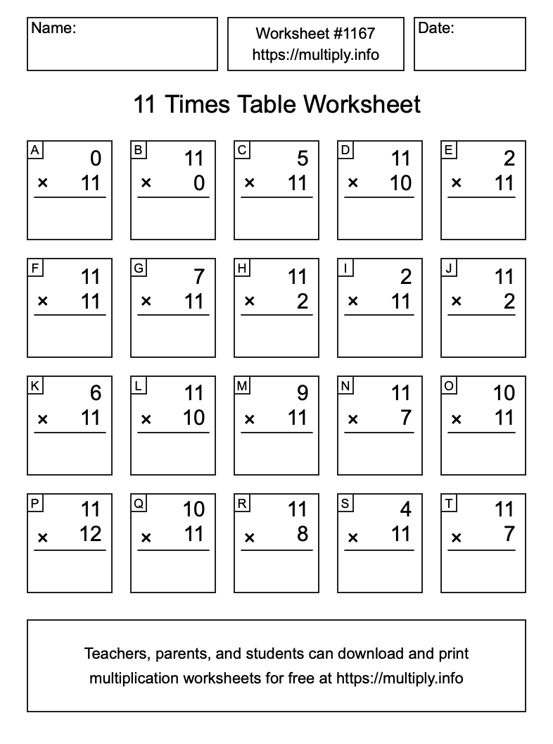 11 Times Table Worksheet #1167