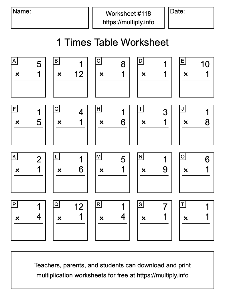 1 Times Table Worksheet #118