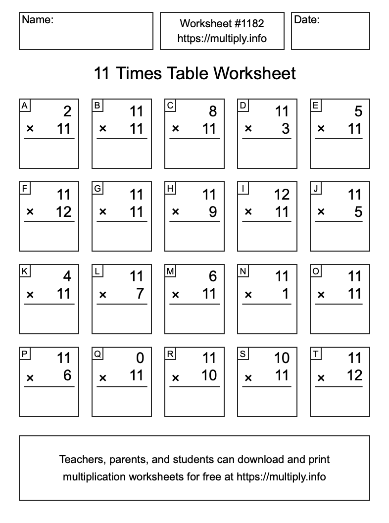 11 Times Table Worksheet #1182