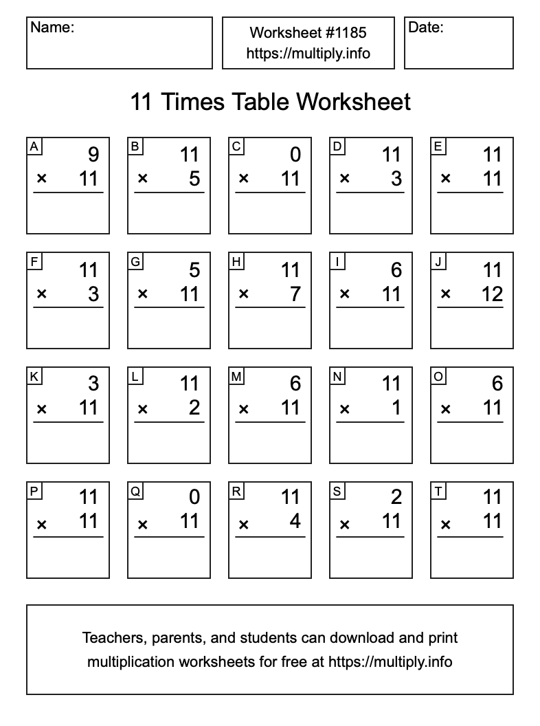 11 Times Table Worksheet #1185