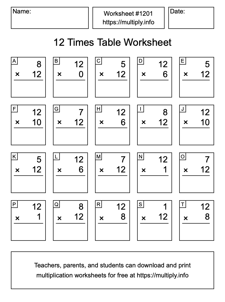 12 Times Table Worksheet #1201