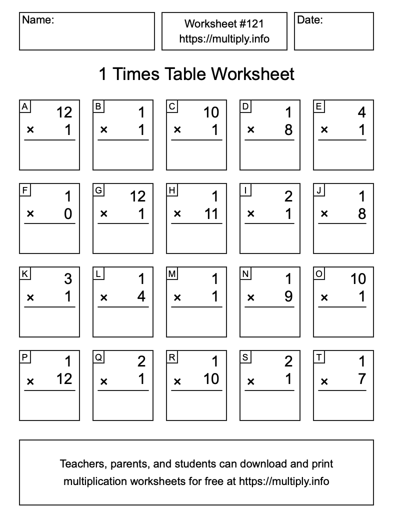 1 Times Table Worksheet #121