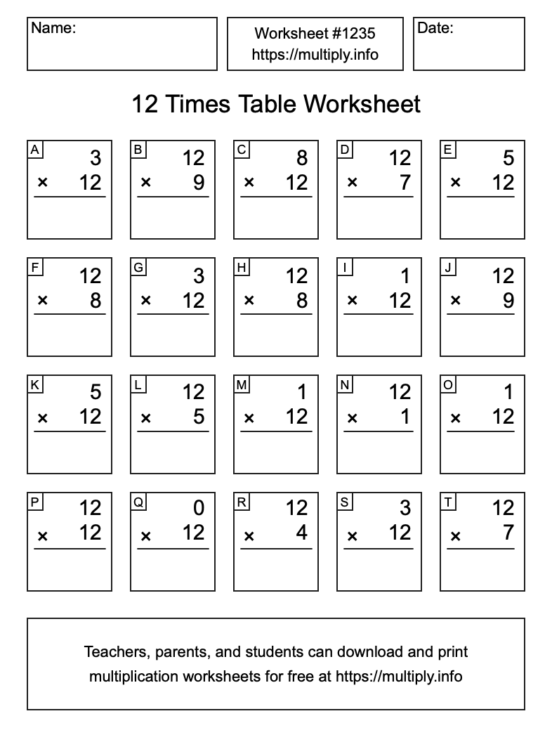 12 Times Table Worksheet #1235