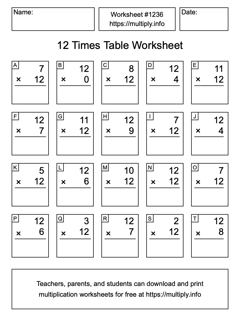 12 Times Table Worksheet #1236