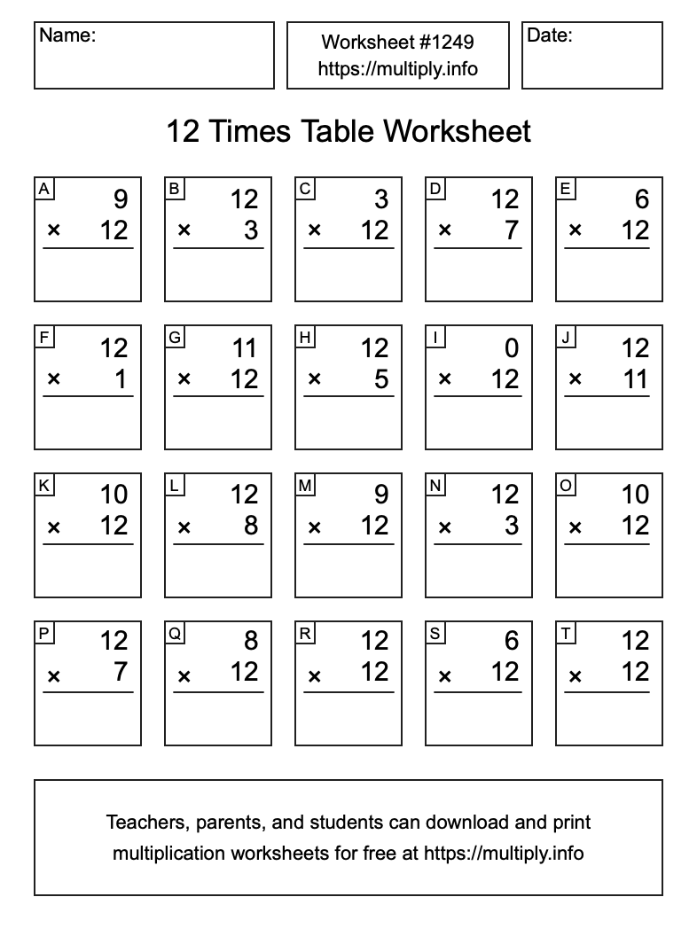 12 Times Table Worksheet #1249