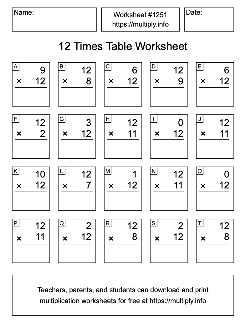 12 Times Table Worksheet #1251