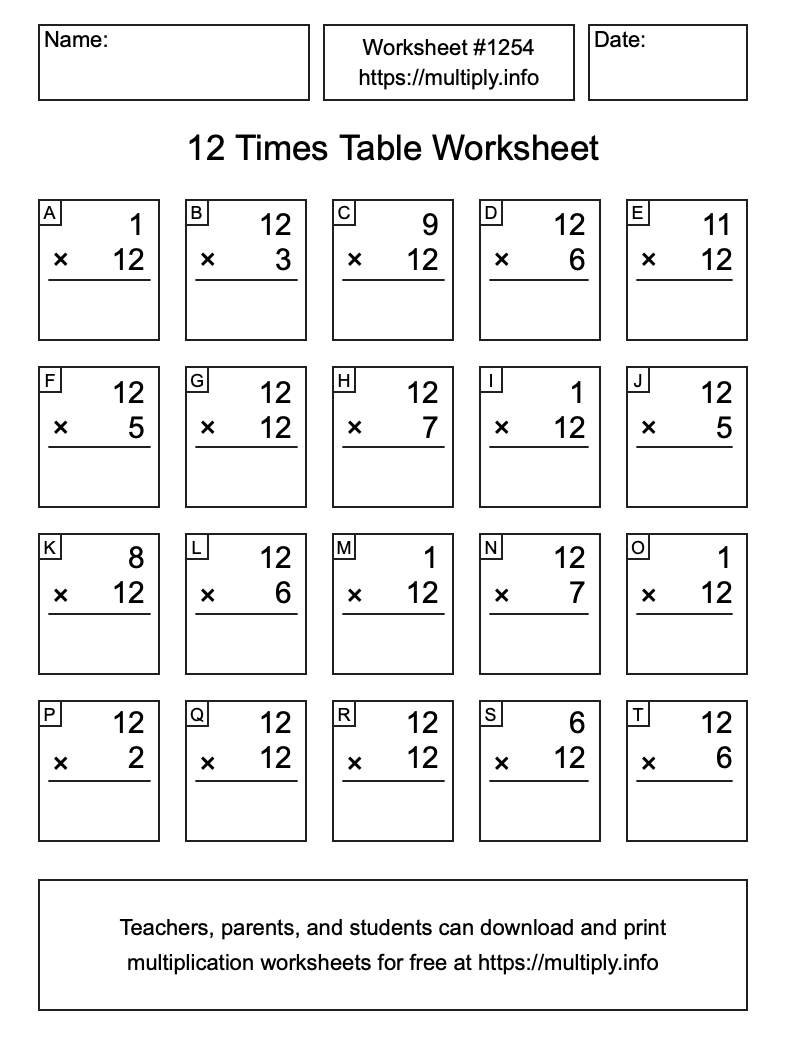 12 Times Table Worksheet #1254