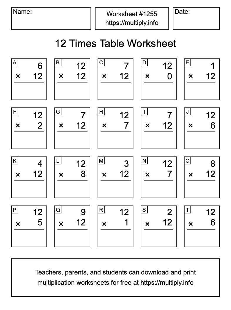 12 Times Table Worksheet #1255
