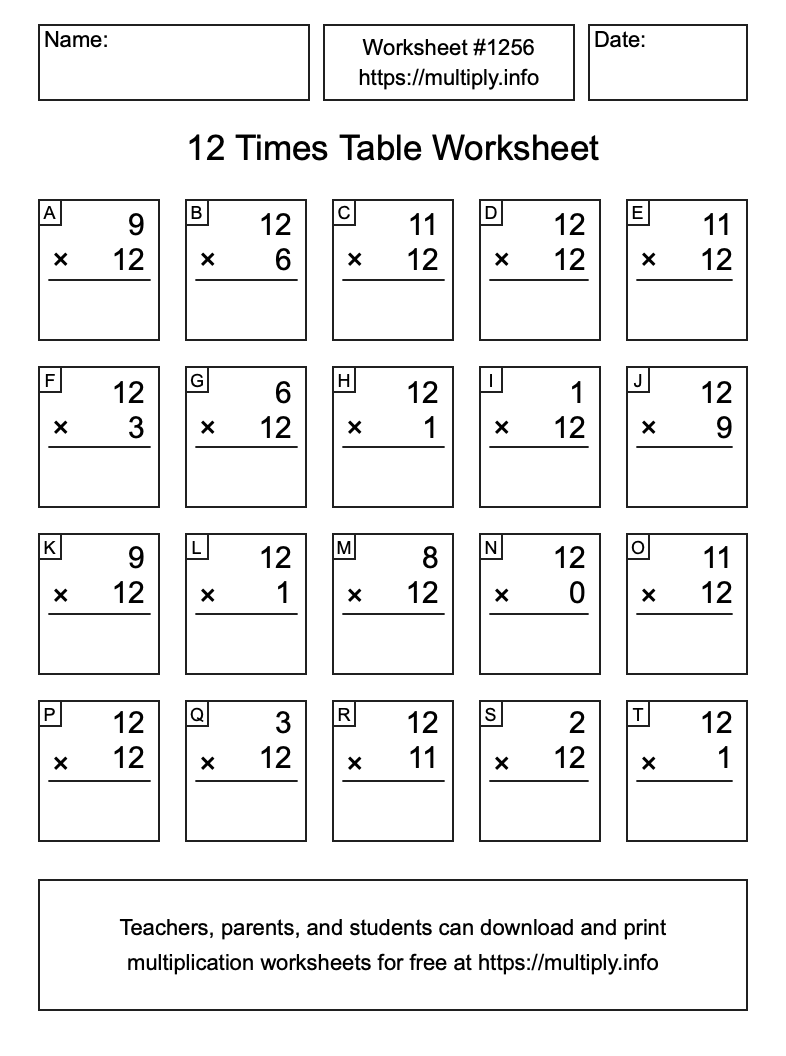 12 Times Table Worksheet #1256