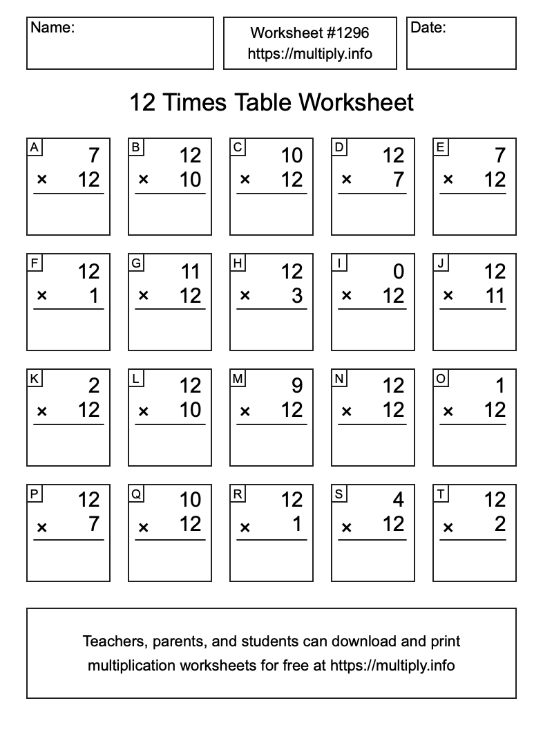 12 Times Table Worksheet #1296