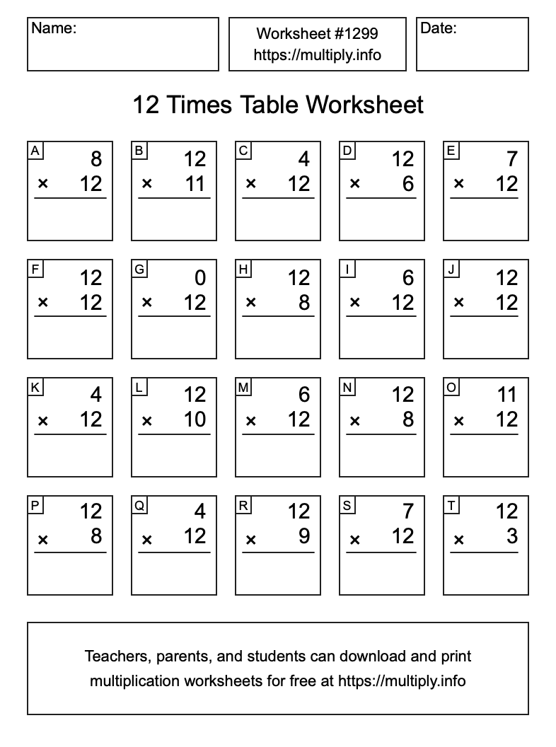 12 Times Table Worksheet #1299