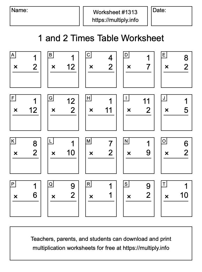 1 and 2 Times Table Worksheet #1313