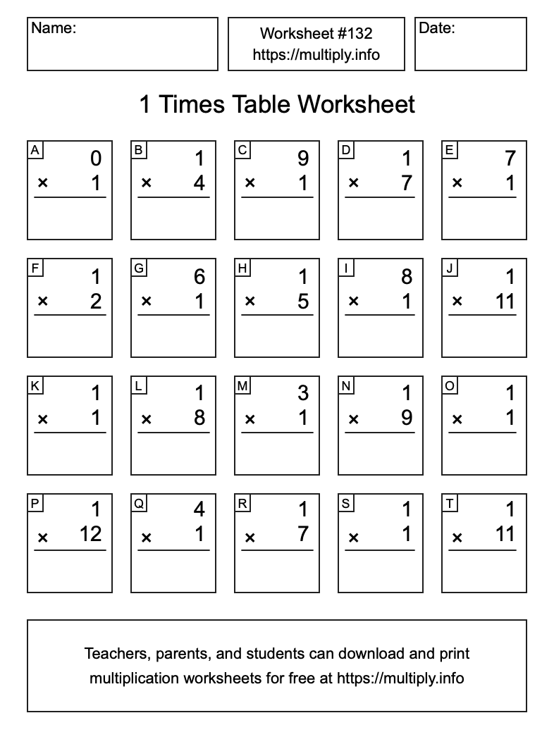 1 Times Table Worksheet #132