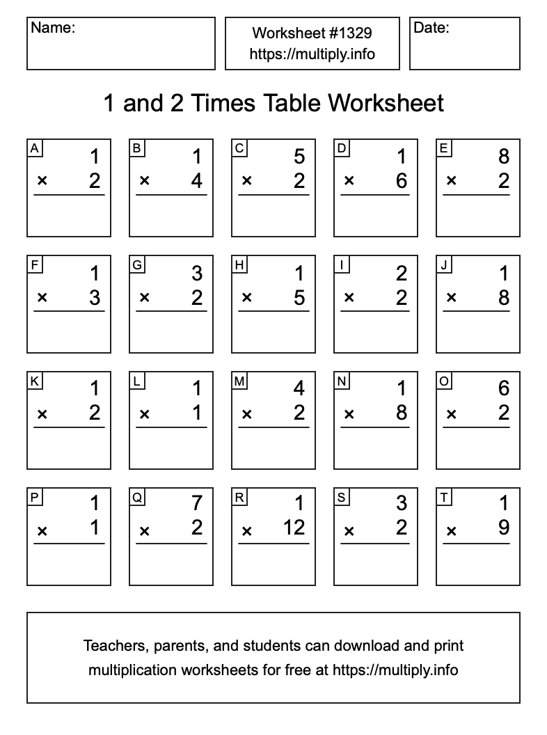 1 and 2 Times Table Worksheet #1329