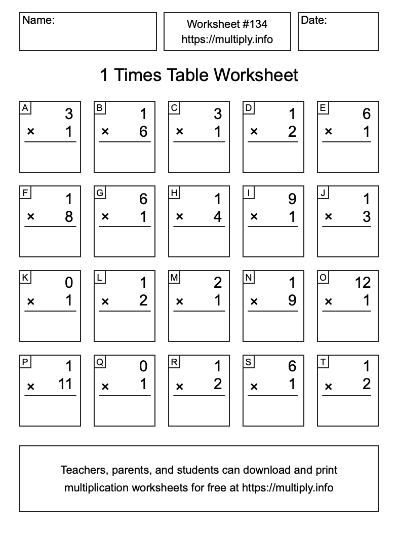 1 Times Table Worksheet #134