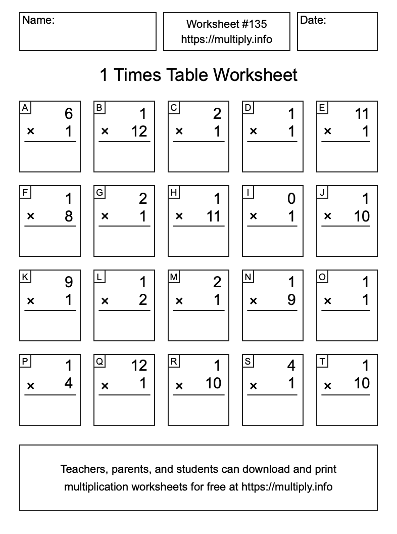 1 Times Table Worksheet #135