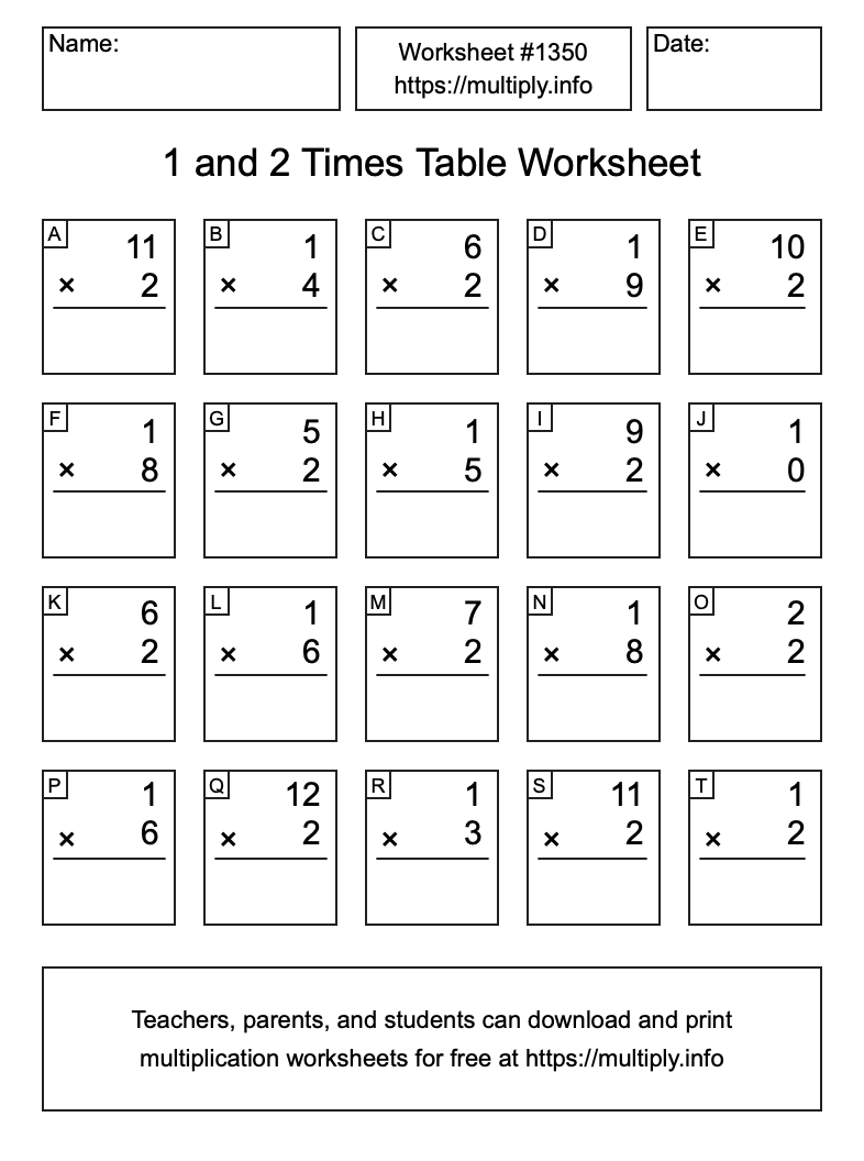 1 and 2 Times Table Worksheet #1350