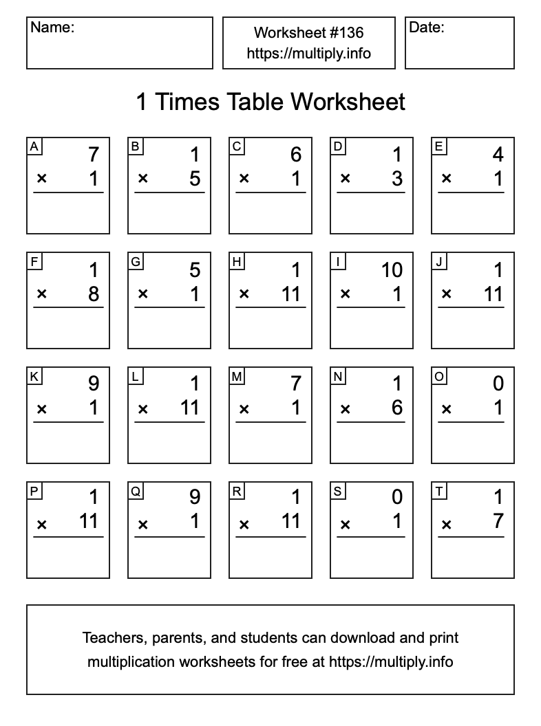 1 Times Table Worksheet #136