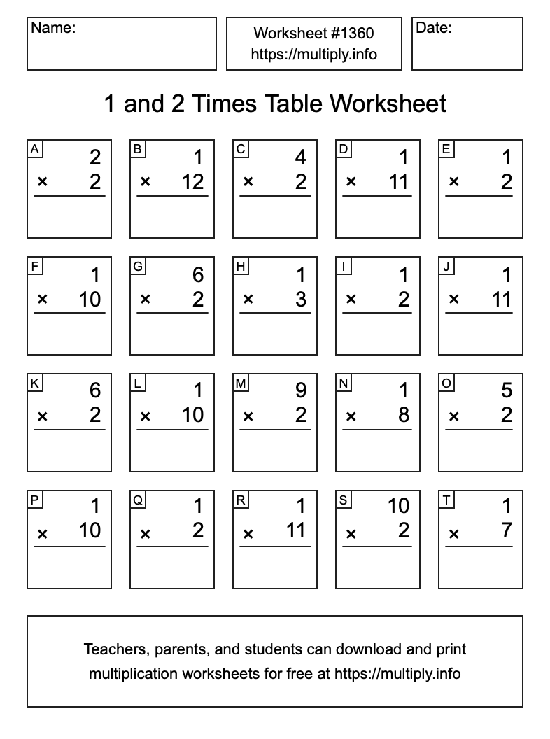1 and 2 Times Table Worksheet #1360