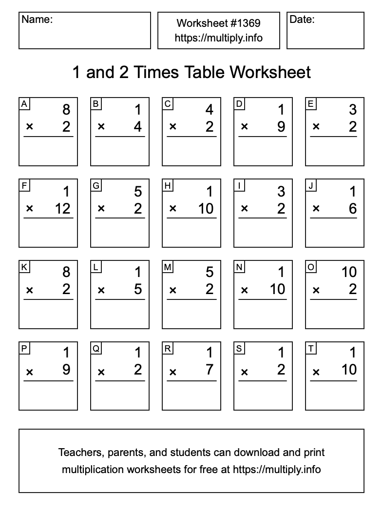 1 and 2 Times Table Worksheet #1369