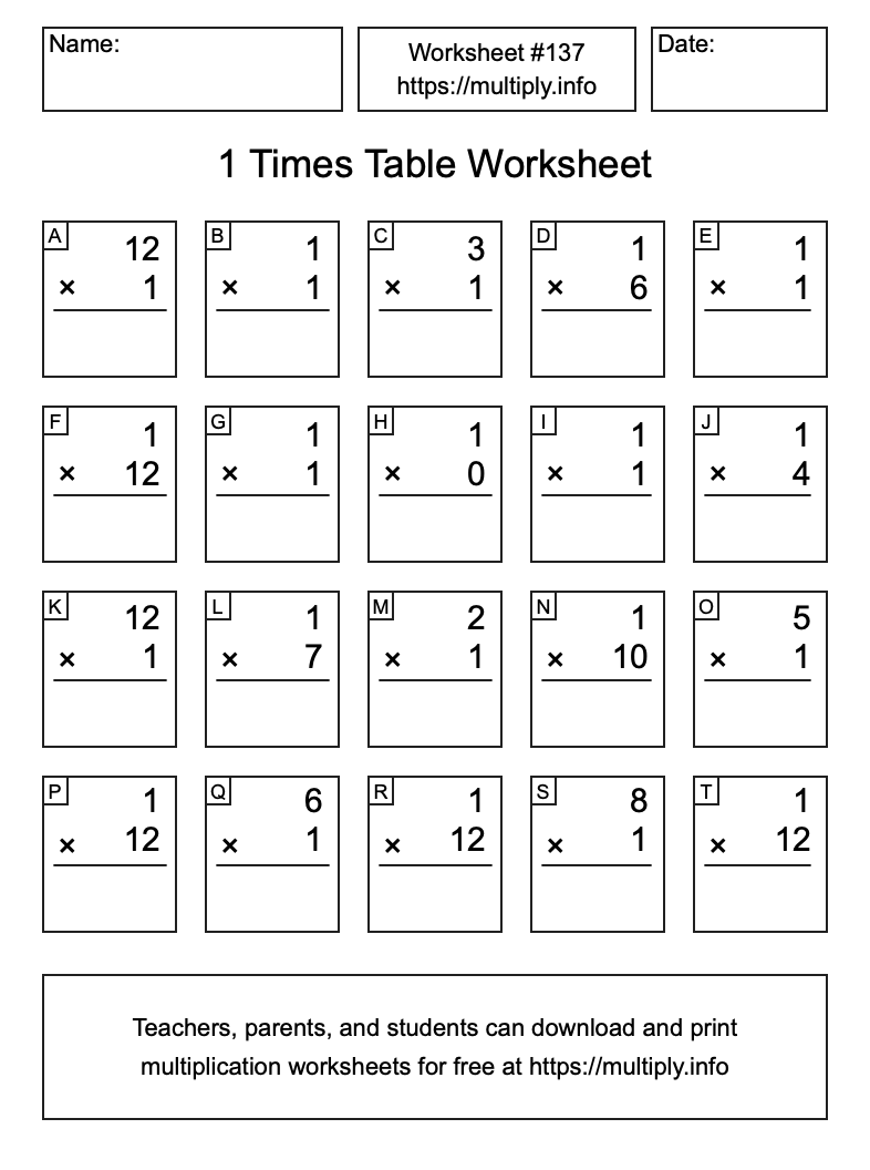 1 Times Table Worksheet #137