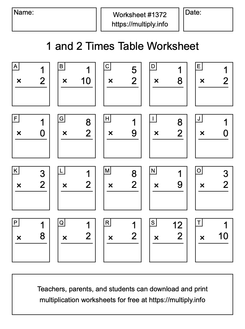 1 and 2 Times Table Worksheet #1372