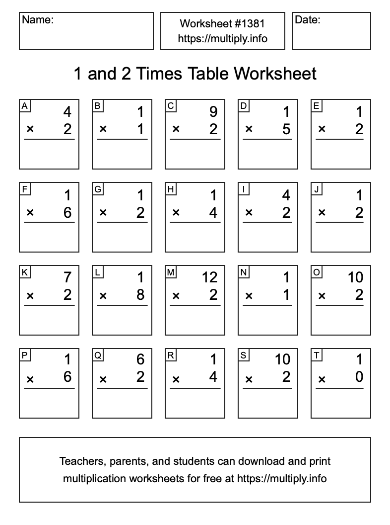 1 and 2 Times Table Worksheet #1381