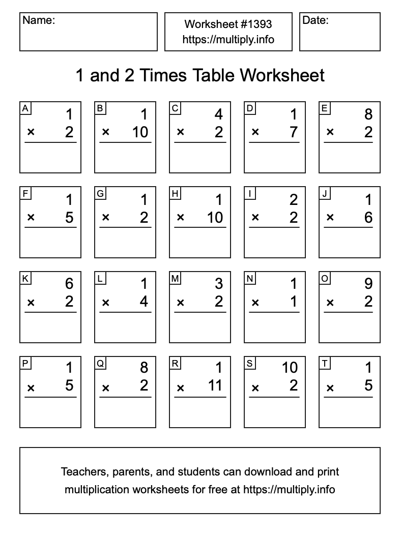 1 and 2 Times Table Worksheet #1393