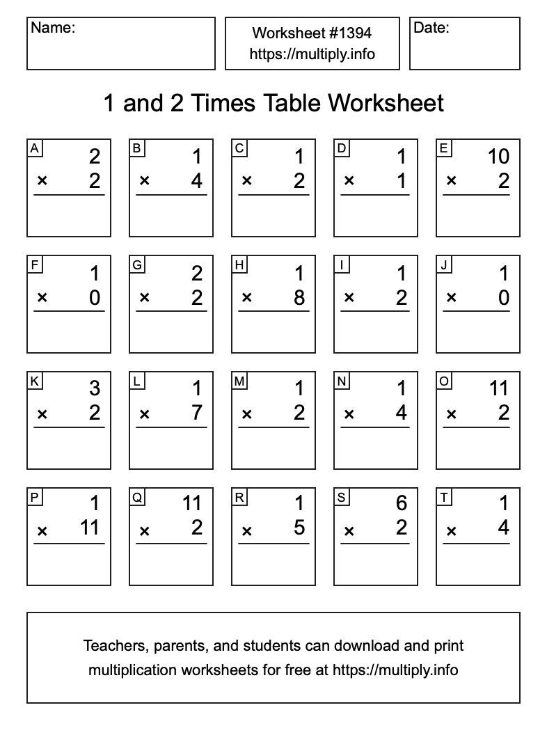 1 and 2 Times Table Worksheet #1394