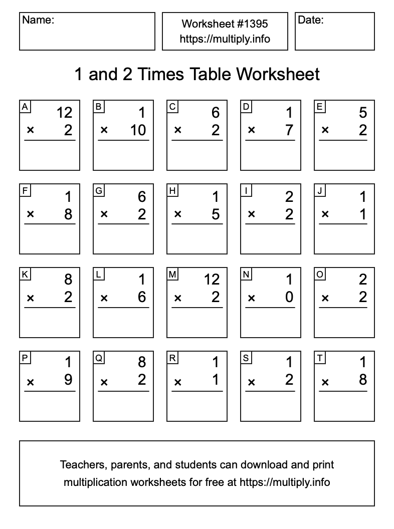 1 and 2 Times Table Worksheet #1395