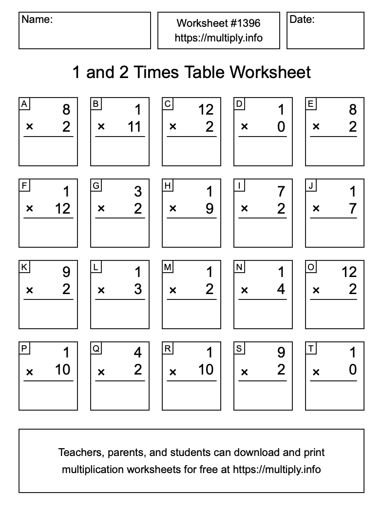 1 and 2 Times Table Worksheet #1396