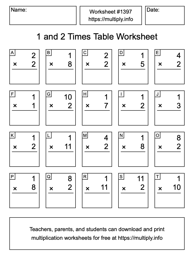 1 and 2 Times Table Worksheet #1397