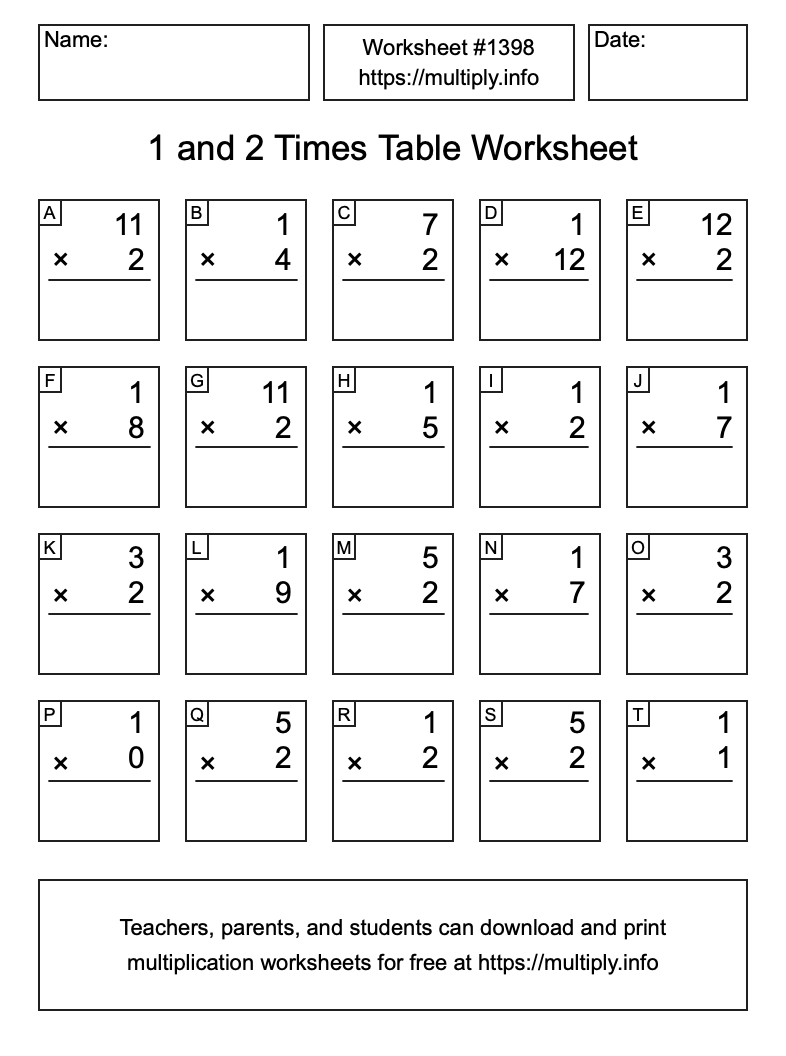 1 and 2 Times Table Worksheet #1398