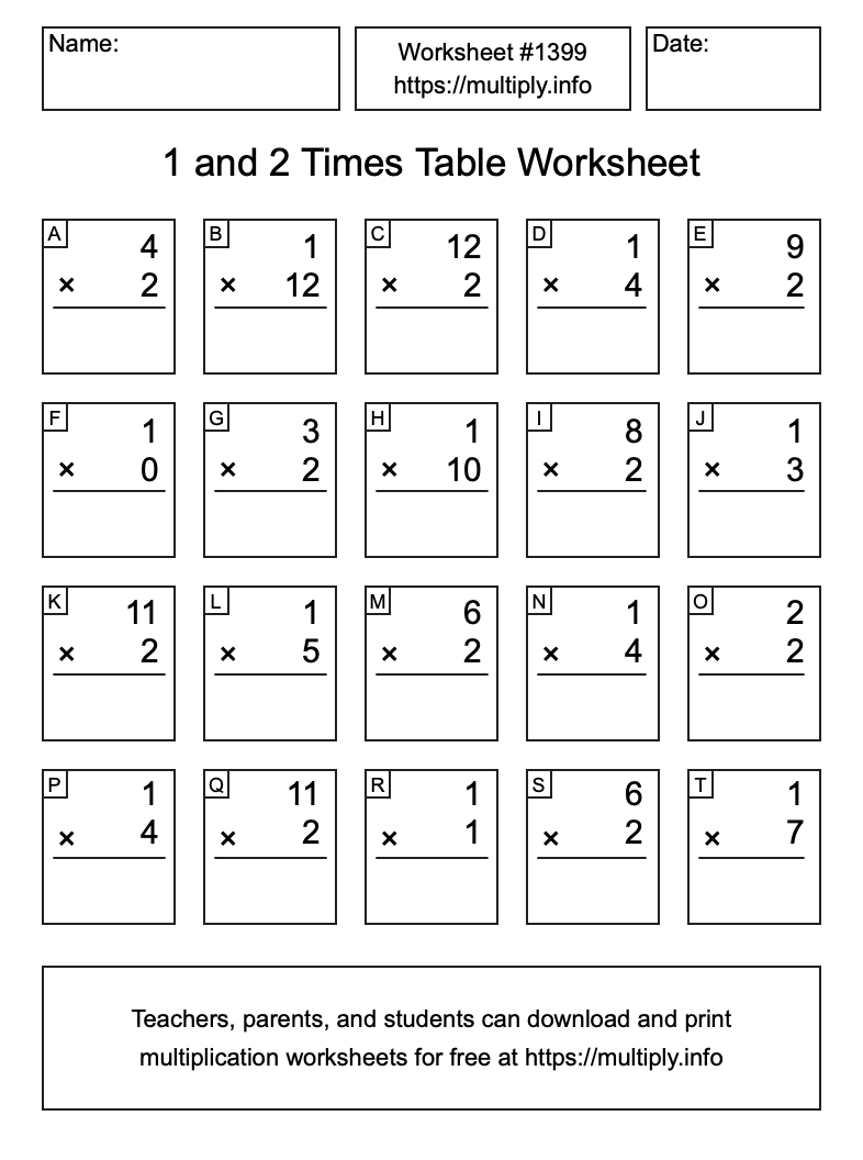 1 and 2 Times Table Worksheet #1399