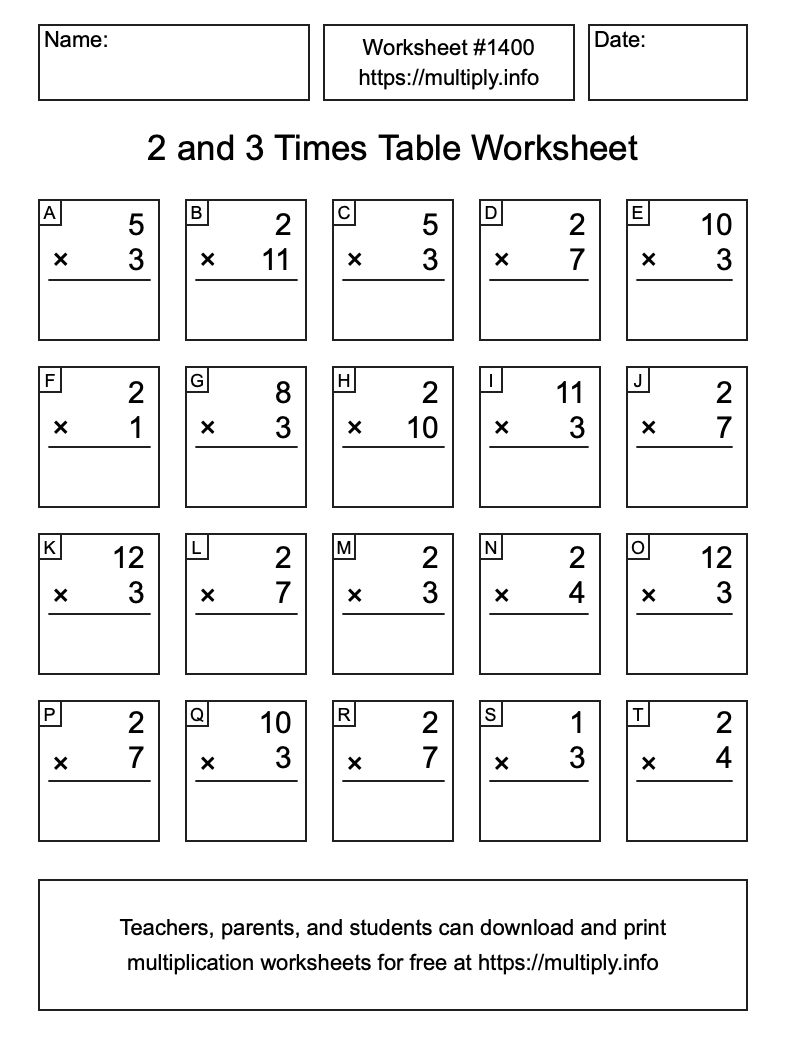 2 and 3 Times Table Worksheet #1400
