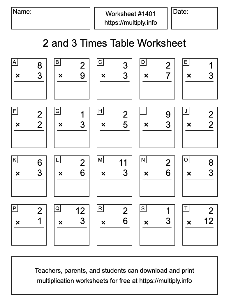 2 and 3 Times Table Worksheet #1401