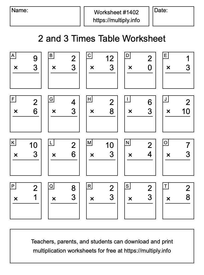 2 and 3 Times Table Worksheet #1402
