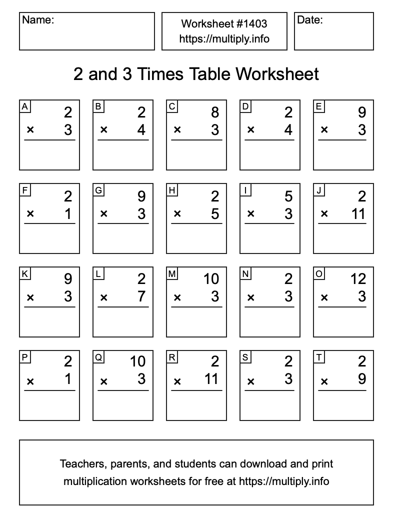 2 and 3 Times Table Worksheet #1403