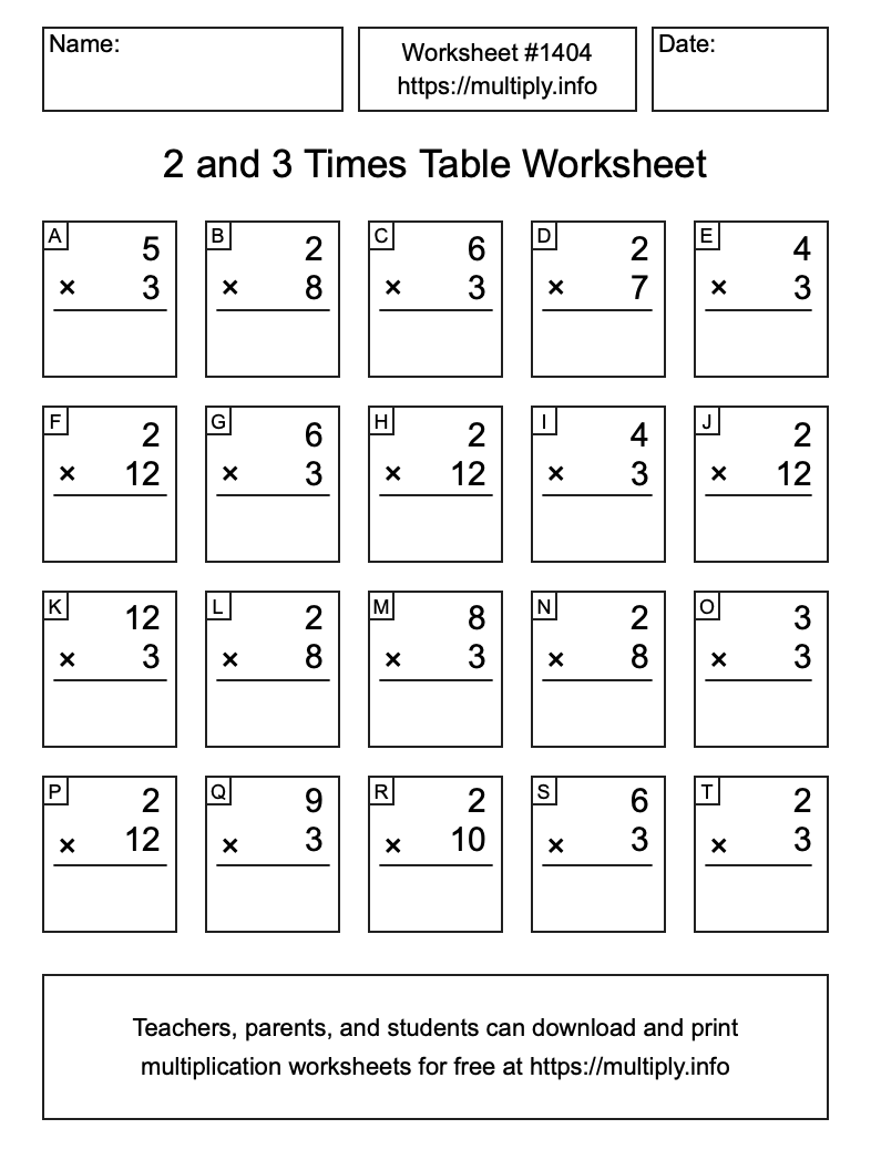 2 and 3 Times Table Worksheet #1404