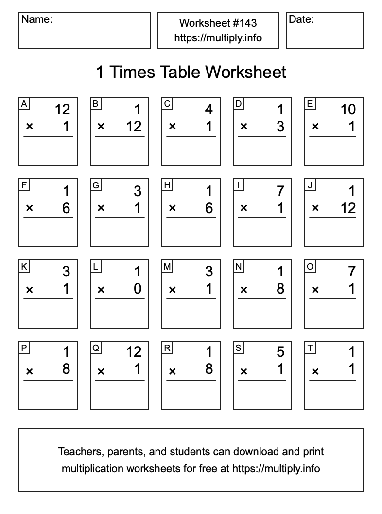 1 Times Table Worksheet #143