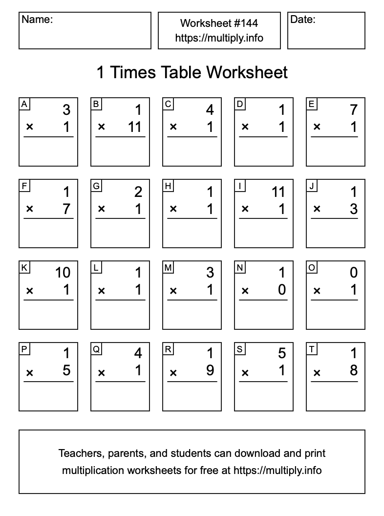 1 Times Table Worksheet #144