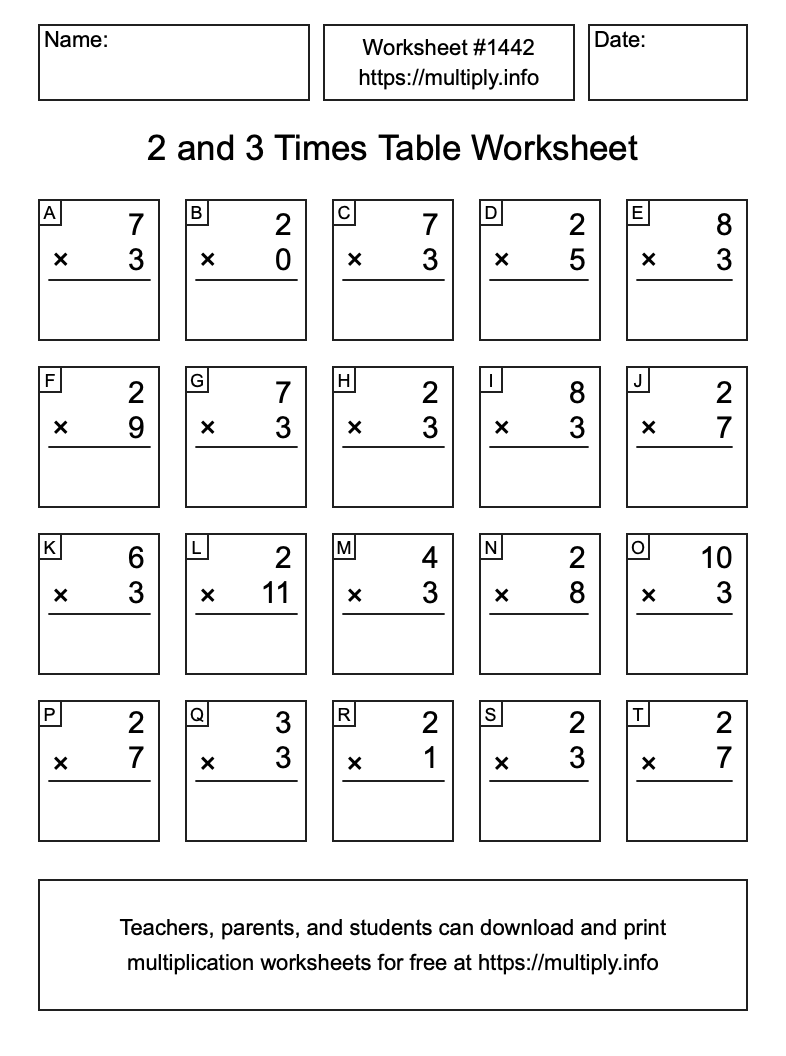 2 and 3 Times Table Worksheet #1442