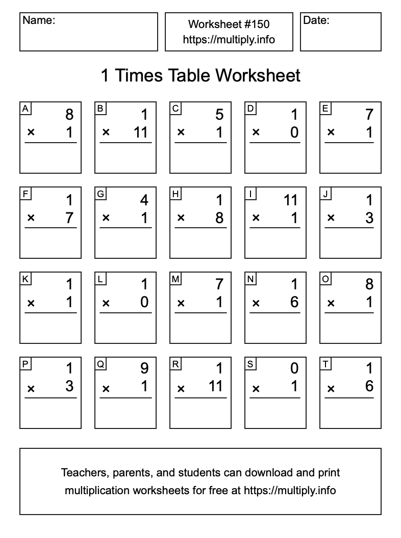 1 Times Table Worksheet #150