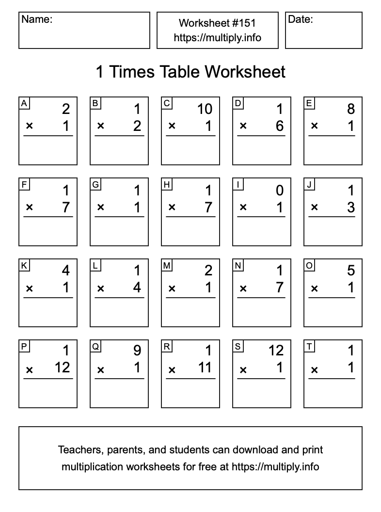 1 Times Table Worksheet #151