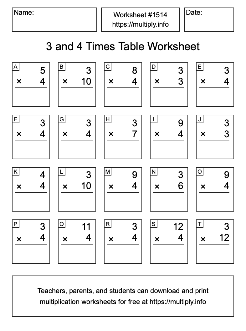 3 and 4 Times Table Worksheet #1514