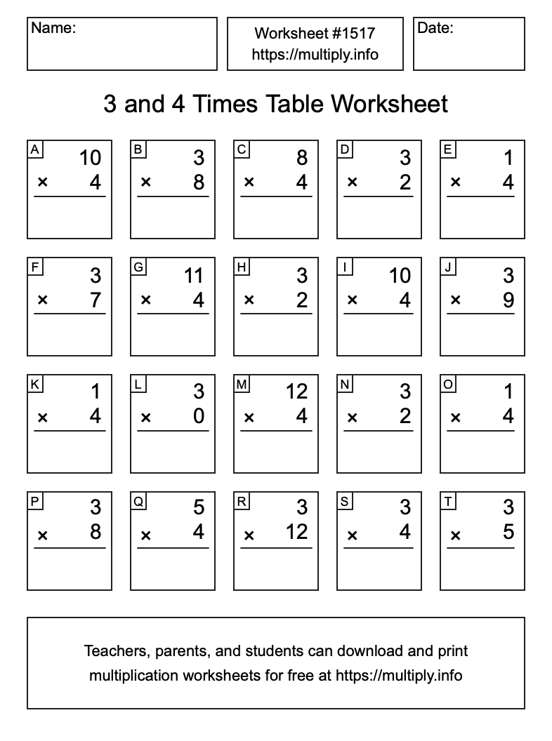 3 and 4 Times Table Worksheet #1517