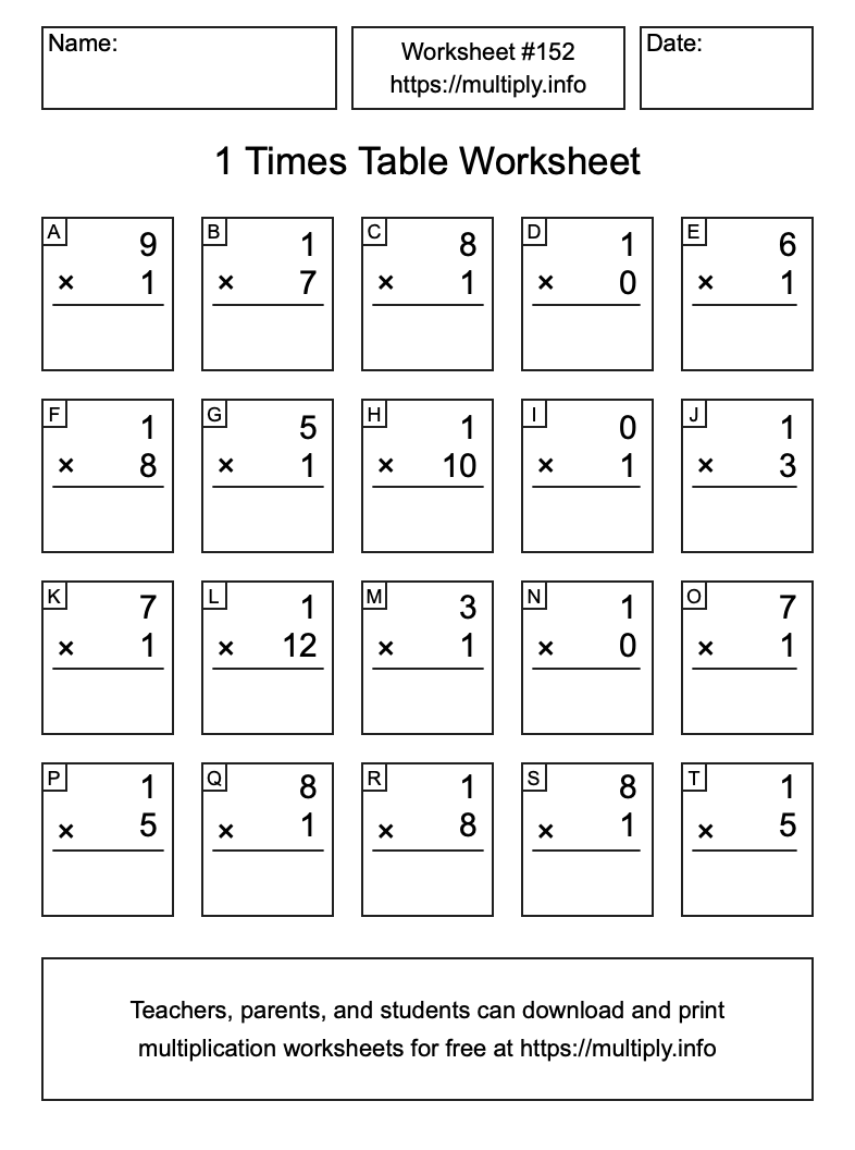 1 Times Table Worksheet #152
