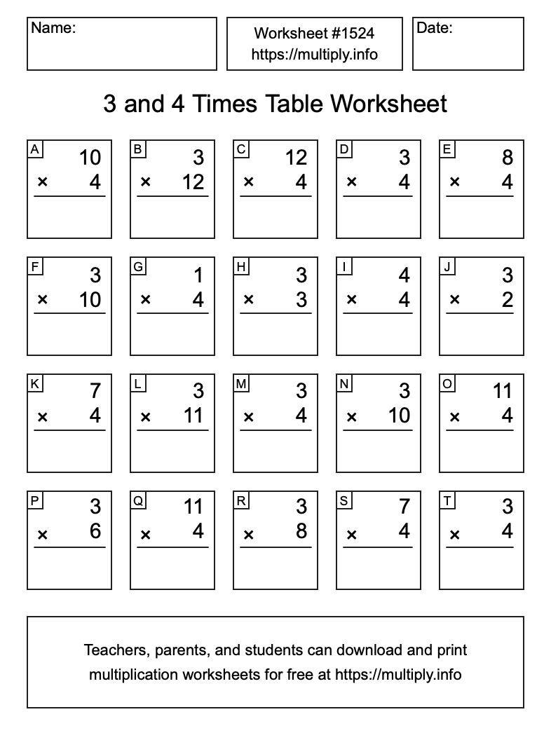 3 and 4 Times Table Worksheet #1524